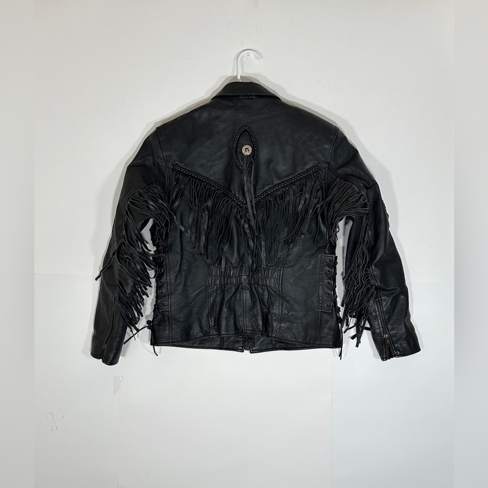 Fringed Black Leather Motorcycle Jacket Vintage Biker Women Medium 1990s Western - Picture 9 of 15